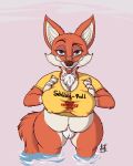  2018 anthro belly big_belly big_breasts big_nipples breasts canine cheek_tuft chest_tuft claws clitoris clothing elbow_tufts eyewear female fox fur glasses gloves_(marking) green_eyes hi_res hyenatig_(artist) inner_ear_fluff looking_at_viewer mammal markings mascot mature_female navel nipples overweight pubes pussy shirt smile solo thick_thighs tongue tongue_out tuft voluptuous water wide_hips 
