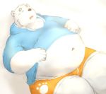  2018 anthro bear belly black_nose clothed clothing eyes_closed humanoid_hands male mammal maron2475 navel open_shirt overweight overweight_male polar_bear shirane_kan shirt shorts simple_background solo utau white_background 