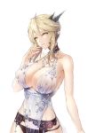  absurdres alternate_costume artoria_pendragon_(all) artoria_pendragon_(lancer_alter) babydoll bare_shoulders black_panties blonde_hair braid breasts choker cleavage collarbone covered_nipples cowboy_shot craft_essence dark_persona diamond fate/grand_order fate_(series) finger_to_mouth french_braid garter_belt hair_between_eyes hair_ornament highres jewelry large_breasts limeblock lingerie looking_at_viewer necklace panties revealing_clothes royal_icing sapphire_(stone) see-through sidelocks solo underwear yellow_eyes 