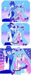  1girl 3koma :d adjusting_clothes aqua_hair blue_hair celebration comic dango detached_sleeves food gradient gradient_background hat hatsune_miku japanese_clothes kaito long_sleeves manbou_no_ane music ooedo_julia_night_(vocaloid) open_mouth patterned_background sanshoku_dango scarf seigaiha singing smile sparkle thighs vocaloid wagashi 