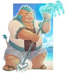  2018 anthro beach belly blush boar clothing dysk3 footwear gouryou humanoid_hands male mammal mohawk overweight overweight_male porcine sandals seaside shirt shorts solo tokyo_afterschool_summoners water 