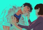  1boy 1girl animification black_hair clark_kent dc_comics eyewear_on_head fingernails glasses highres hue_dmmi lois_lane long_sleeves nail_polish short_hair short_sleeves superman superman_(series) superman_logo tears veins veiny_hands 