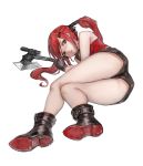  :o absurdres ass axe bangs black_footwear black_gloves black_shorts boots cz-75_(girls_frontline) egk513 fingerless_gloves full_body girls_frontline gloves hair_ornament hairclip highres legs long_hair looking_at_viewer lying on_side red_eyes red_hair red_shirt scope shirt short_shorts shorts solo thighs twintails v-shaped_eyebrows very_long_hair 