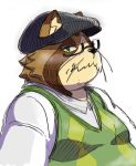  2018 anthro canine clothing eyewear glasses hat male mammal overweight overweight_male sakusan_kc shirt simple_background solo tanuki tenugui white_background 