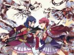  bangs blue_hair cowboy_shot dragon earrings fighting_stance from_side hanayagi_kaoruko highres holding holding_weapon isurugi_futaba jacket_on_shoulders jewelry multiple_girls naginata naizo_(kimosugimasu) open_mouth pleated_skirt polearm poleaxe red_hair sash short_hair shoujo_kageki_revue_starlight skirt sumi-e swept_bangs tassel tiger v-shaped_eyebrows waist_cape weapon 