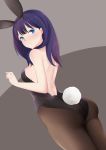  animal_ears ass back backless_outfit bangs bare_arms bare_back bare_shoulders black_legwear black_leotard blue_eyes blue_hair blush bunny_ears bunny_girl bunnysuit closed_mouth dutch_angle fake_animal_ears highres leotard long_hair looking_at_viewer nose_blush pantyhose shito_zhizhen solo ssss.gridman strapless strapless_leotard takarada_rikka thighs 