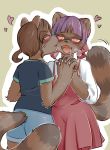  &lt;3 2018 anthro blush breath brown_fur brown_hair c-3matome canine claws clothed clothing dress drooling duo female female/female fur gegege_no_kitaro glowing glowing_eyes hair hair_ribbon hand_holding inuyama_mana kemono kissing mammal open_mouth pink_eyes purple_hair ribbons saliva shirt short_hair shorts simple_background species_transformation spiral_eyes tanuki tongue tongue_out transformation 