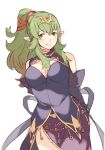  ai-wa arms_behind_back breasts chiki cleavage cleavage_cutout cosplay cowboy_shot detached_sleeves dress fire_emblem fire_emblem:_kakusei fire_emblem:_rekka_no_ken fire_emblem_heroes green_eyes green_hair hair_ribbon highres long_hair looking_at_viewer medium_breasts pointy_ears ponytail ribbon simple_background smile solo tiara ursula_(fire_emblem) ursula_(fire_emblem)_(cosplay) white_background 