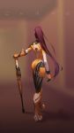  alternate_costume ass back boots carpe_(gamer) fingerless_gloves fusion_widowmaker gloves gun highres long_hair nezumi_(tuboshu2013) overwatch overwatch_league philadelphia_fusion ponytail purple_hair purple_skin rifle solo tattoo weapon widowmaker_(overwatch) 