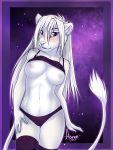  2017 5_fingers anthro aoree aoree_(aoree) blonde_hair blue_eyes breasts clothed clothing digital_media_(artwork) feline female fur hair hand_on_leg inner_ear_fluff legwear lion long_hair long_tail looking_at_viewer mammal medium_breasts multicolored_fur navel nipples open_mouth panties partially_clothed pink_areola pink_nipples pink_nose purple_clohing raised_shirt smile solo standing stockings straight_hair tan_fur two_tone_fur underwear white_fur 