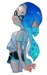  act_(a_moso) arms_behind_back black_shorts blue_eyes blue_hair closed_mouth domino_mask inkling long_hair looking_at_viewer lowres mask pointy_ears shirt short_sleeves shorts simple_background smile solo splatoon_(series) splatoon_2 t-shirt tentacle_hair white_background white_shirt 