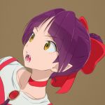  akagi_(fmttps) bangs bow brooch brown_background cat_girl choker commentary dress dutch_angle eyebrows_visible_through_hair fangs frown gegege_no_kitarou gem hair_bow hair_bun jewelry looking_to_the_side nekomusume nekomusume_(gegege_no_kitarou_6) open_mouth pinafore_dress pointy_ears portrait purple_hair red_bow red_choker red_dress shirt short_hair simple_background solo white_shirt yellow_eyes 