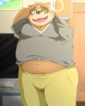  2018 anthro bear belly brown_fur bulge clothing coumarin_exc eyewear fur glasses humanoid_hands male mammal overweight overweight_male pants shirt solo tokyo_afterschool_summoners volos 