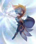  1girl air_elementalist_lux artist_name asymmetrical_clothes bare_shoulders blue_eyes breasts eirashard elementalist_lux gold_trim highres league_of_legends looking_at_viewer luxanna_crownguard magic medium_breasts sideboob silver_dress silver_hair tagme wand 