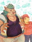  2018 anthro belly blush boar brown_fur clothing duo food fur gouryou hamuga86 human humanoid_hands male mammal mohawk overweight overweight_male pants porcine shirt tokyo_afterschool_summoners 