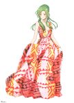  absurdres alternate_costume artist_name braid breasts cleavage dress earrings elincia_ridell_crimea fire_emblem fire_emblem:_akatsuki_no_megami fire_emblem:_souen_no_kiseki full_body green_hair highres hoop_earrings jewelry long_hair looking_down medium_breasts niboshi514 open_mouth orange_eyes ponytail signature simple_background sleeveless smile solo standing white_background 