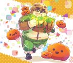  anthro bear blush brown_fur clothed clothing eyewear food fruit fur glasses gloves hat humanoid_hands male mammal natamaru_a overweight overweight_male pants pumpkin simple_background solo straw_hat tokyo_afterschool_summoners volos white_background 