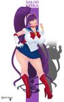  1girl bishoujo_senshi_sailor_moon breasts brown_eyes dante_grapes eiken fangs full_body huge_breasts long_hair looking_at_viewer misono_kirika open_mouth puprle_eyes puprle_hair purple_hair sailor_moon sailor_moon_(cosplay) skirt solo standing tongue tongue_out very_long_hair 