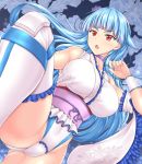  aqua_hair ass_visible_through_thighs black_background blue_hair boots breasts collarbone detached_sleeves eyebrows_visible_through_hair flower hair_flower hair_ornament hairband hiballista highres japanese_clothes kimono large_breasts leotard long_hair long_sleeves looking_at_viewer obi open_mouth red_eyes ring_dream rose sash snowflakes snowing solo standing standing_on_one_leg thigh_boots thighhighs white_leotard wrestling_outfit yuki_onna_(ring_dream) 