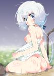  anus ass blue_eyes breasts commentary_request from_behind hair_ribbon huge_nipples kanibasami konno_junko looking_at_viewer looking_back naked_towel nipples onsen pussy ribbon short_hair simple_background sitting small_breasts solo towel wet white_hair zombie_land_saga 