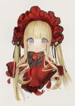  bangs black_bow blonde_hair blue_eyes blunt_bangs bow capelet eyebrows_visible_through_hair flower grey_background head_tilt highres long_hair mullpull parted_lips red_capelet red_flower red_rose rose rozen_maiden shinku signature simple_background sketch solo twintails upper_body very_long_hair 