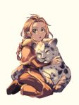  animal blonde_hair braid braided_ponytail brown_hair dress fur_trim gloves h'aanit_(octopath_traveler) highres jewelry linde_(octopath_traveler) long_hair octopath_traveler open_mouth ponytail simple_background single_braid smile snow_leopard st_beans_lal younger 