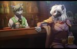  2018 alcohol anthro assassin bar beer beverage black_sclera cat clothed clothing detailed_background digital_media_(artwork) eve_hawthorne feline female fur green_eyes hair kallie_woodside mammal mephitid red_eyes skunk smile vampire vivienwhite_(artist) white_hair 