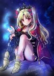  armored_boots asymmetrical_legwear black_legwear black_leotard black_sleeves blonde_hair blush boots bow cape choker collarbone diadem earrings ereshkigal_(fate/grand_order) eyebrows_visible_through_hair fate/grand_order fate_(series) full_body hair_bow high_heel_boots high_heels highres jewelry leotard long_hair long_sleeves looking_at_viewer mintes red_bow red_cape red_eyes single_thighhigh sitting smile solo thighhighs twintails very_long_hair 