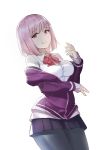  absurdres bow breasts button_gap collared_shirt commentary_request highres jacket large_breasts lavender_hair long_sleeves looking_at_viewer off_shoulder purple_bow purple_jacket shinjou_akane shinyu_xingyu shirt sleeves_past_wrists solo ssss.gridman white_cardigan white_shirt 