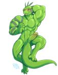  2018 4_toes 5_fingers abs anthro anus bedroom_eyes biceps claws digital_media_(artwork) erection eyewear full-length_portrait green_penis green_scales half-closed_eyes humanoid_penis iguana lizard looking_at_viewer male muscular muscular_male nude open_mouth penis portrait reptile rick_griffin scales scalie seductive signature simple_background smile solo sunglasses tattoo teeth toes tongue tongue_out white_background zard_(character) 