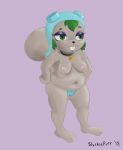  2018 anthro armor breasts buckteeth camel_toe clothed clothing collar crossgender eyewear female full-length_portrait fur goggles green_eyes green_hair grey_fur hair hands_on_hips hat helmet mammal portrait rocket_j_squirrel rocky_and_bullwinkle rodent simple_background slightly_chubby slushiepuff smile solo squirrel standing teeth thong topless 