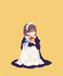  :t anpan apron blue_eyes blush brown_hair drinking_straw eating food full_mouth looking_to_the_side maeya_susumu maid maid_apron maid_headdress milk milk_carton original puffy_cheeks short_hair signature simple_background sitting solo yellow_background 