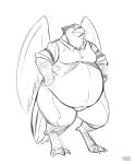  anthro avian barefoot beak belly big_belly bird bottomless claws clothed clothing faisan feathers gillpanda hands_on_hips male monochrome obese_male overweight overweight_male pheasant simple_background solo standing talons thick_thighs toe_claws white_background wings 