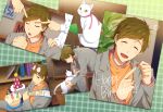  book bookshelf brown_hair cake cat closed_eyes eyewear_on_head food free! funikurikurara green_eyes grey_jacket hands_together happy_birthday hat jacket multiple_views orange_shirt party_hat photo_(object) sash shirt sitting tachibana_makoto white_cat 