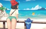  ass bag beach beanie blush cloud commentary day hat kuroonehalf leaning_forward mizuki_(pokemon) ocean open_mouth outdoors pikachu pokemon pokemon_(creature) pokemon_(game) pokemon_sm popplio shirt short_hair short_shorts short_sleeves shorts sky smile surfboard surfing 