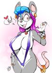  ! &lt;3 4_fingers anthro big_breasts bikini biped blue_hair bracelet breasts cleavage clothed clothing duckdraw ear_piercing eyewear female fur glasses grey_fur hair hand_on_hip inner_ear_fluff jewelry looking_at_viewer mammal mouse multicolored_fur multicolored_hair navel necklace nipple_bulge open_mouth open_smile piercing pink_areola pink_tail purple_hair purple_lips red_eyes ring rodent simple_background skimpy sling_bikini smile solo speech_bubble standing swimsuit teeth text two_tone_fur two_tone_hair waving white_background white_fur wristband 