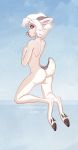  ambiguous_gender anthro butt butt_pose cervine hair kneeling looking_at_viewer mammal nude simple_background solo va_art white_hair 