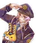  aqua_neckwear blue_eyes double_decker! hand_up highres holding holding_stuffed_animal jam_(lc_jam) kirill_vrubel looking_at_viewer male_focus necktie police police_uniform policeman purple_hair salute simple_background smile solo stuffed_animal stuffed_toy twitter_username uniform 