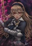  armor blue_cape cape female_my_unit_(fire_emblem_if) fire_emblem fire_emblem_if gloves hair_between_eyes hair_ornament hairband highres kaejunni long_hair looking_at_viewer mamkute my_unit_(fire_emblem_if) pointy_ears red_eyes silver_hair solo sword weapon white_hair 