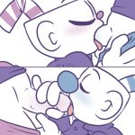  blush brothers cuphead_(character) cuphead_(game) eyes_closed grabbing_penis inanimate_object male male/male mugman oral penis sibling tongue unknown_artist video_games watermark 