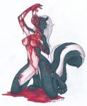  2017 black_sclera blood breasts eve_hawthorne fangs female fur hair mammal mephitid nipples nude open_mouth pussy red_eyes simple_background skunk solo teeth tongue tongue_out toots traditional_media_(artwork) vampire white_background white_hair 