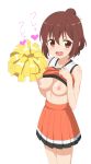  :d anima_yell! bangs blush breasts brown_eyes brown_hair cheerleader collarbone commentary_request eyebrows_visible_through_hair fang hair_between_eyes hair_bun hands_up heart highres holding looking_at_viewer medium_breasts nipples open_mouth orange_skirt orange_tank_top pleated_skirt pom_poms simple_background skirt smile solo tank_top tank_top_lift tatejima_kotetsu translation_request trg-_(sain) white_background 