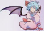  absurdres ascot bat_wings blue_hair capelet center_frills commentary fang fang_out frilled_capelet frills hair_between_eyes hat highres looking_at_viewer mob_cap red_eyes red_footwear remilia_scarlet shoes short_hair short_sleeves simple_background sitting smile solo squinting touhou wings wrist_cuffs yutamaro 