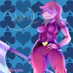  &lt;3 armlet axe belt bracelet breasts clothed clothing club_symbol deltarune english_text female hair jewelry melee_weapon noirizz pants purple_hair reptile scalie sharp_teeth shirt solo spade_symbol speech_bubble susie_(deltarune) teeth text toothy_grin undertale video_games weapon 