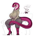  2018 ? anthro bench big_breasts breasts clothing cobra dialogue english_text female footwear green_eyes high_heels mcsweezy reptile scalie shoes sitting snake sweater text 