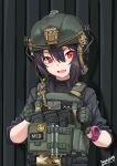  :d absurdres american_flag bangs black_jacket brown_hair camouflage commentary_request dated ear_protection eyebrows_visible_through_hair fang gloves green_gloves hair_between_eyes head_tilt helmet highres ivan_wang jacket long_sleeves military military_operator military_uniform open_mouth original red_eyes signature sleeves_pushed_up smile smiley_face solo uniform upper_body v-shaped_eyebrows watch wristwatch 