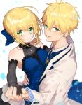  1girl :d ahoge arthur_pendragon_(fate) artoria_pendragon_(all) black_gloves blonde_hair blue_dress blue_neckwear braided_bun chinanan collarbone dress elbow_gloves eyebrows_visible_through_hair fate_(series) gloves green_eyes hair_between_eyes highres jacket long_dress looking_at_viewer necktie open_mouth saber shiny shiny_hair short_hair sleeveless sleeveless_dress smile standing upper_body white_jacket 