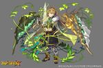  boots braid cape circlet company_name copyright_name full_body fullbokko_heroes fur_trim gauntlets greaves green_cape grey_background holding holding_sword holding_weapon long_hair official_art plant pota_(bluegutty) solo sword very_long_hair vines weapon 