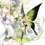  artist_name bare_shoulders blonde_hair bow brown_eyes detached_sleeves fairy fairy_wings flower full_body gloves grass green_bow green_legwear hair_bow hair_flower hair_ornament holding holding_staff index_finger_raised long_hair original smile staff thighhighs very_long_hair vilor white_gloves wings zoom_layer 