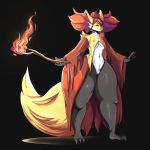  anthro breasts brown_hair bunnichoco canine delphox female fire hair hi_res huge_thighs looking_at_viewer mammal marie_the_delphox nintendo pok&eacute;mon pok&eacute;mon_(species) pussy solo thick_thighs video_games 